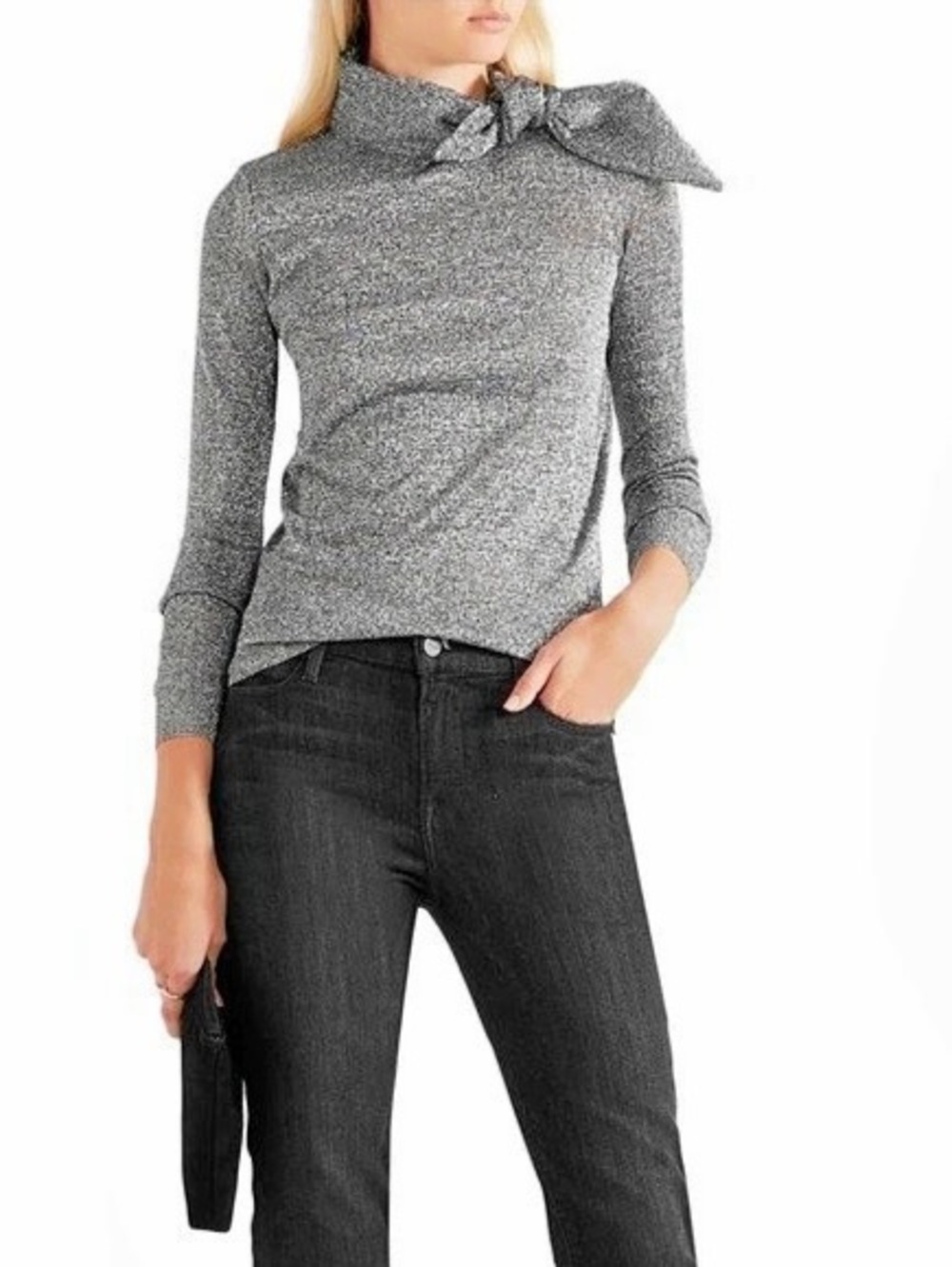 Isabel Marant Adil Tie Neck Bow Silver metallic Sweater Semi Sheer Knit Top - 36